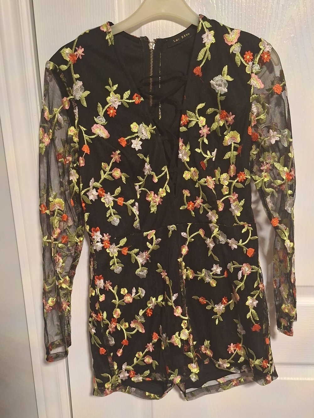 Floral Embroidered Black Mesh Long-Sleeve Romper
